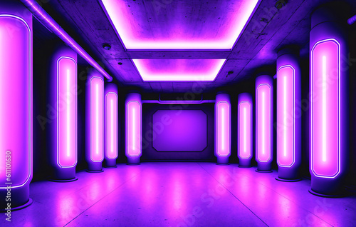 Futuristic corridor with glowing neon lights. Generative AI.