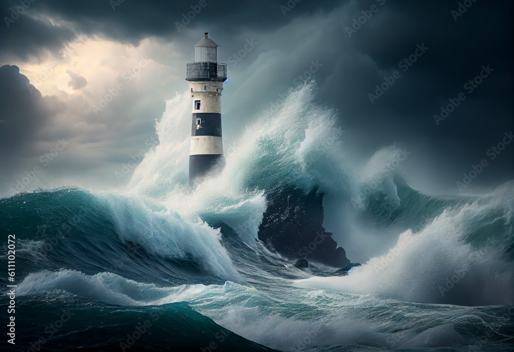 Lighthouse during a storm in the evening. AI generated.