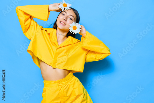 smile woman young yellow model happiness portrait flower emotion chamomile blue