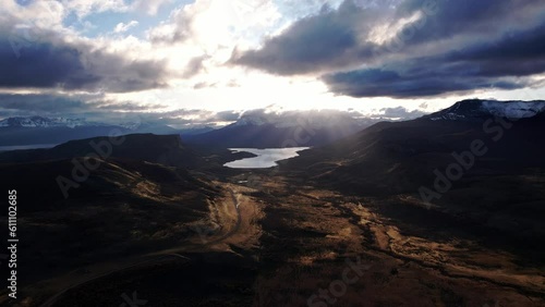 Atardecer en la patagonia vista aerea con nubes maravillosas photo