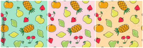 Fruit set pattern. A bright colorful set of delicious summer fruits and berries. Seamless pattern. Doodle style. Fresh multicolored cartoon berries and fruits. Contour drawings, vector background. 