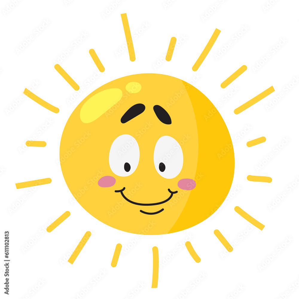 Shining sun with happy smiling face expression. Cute character