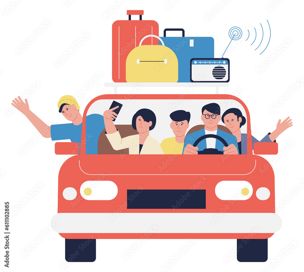 Happy people in car. Trvelling tourist making selfie Happy people in car. Trvelling tourist making selfie