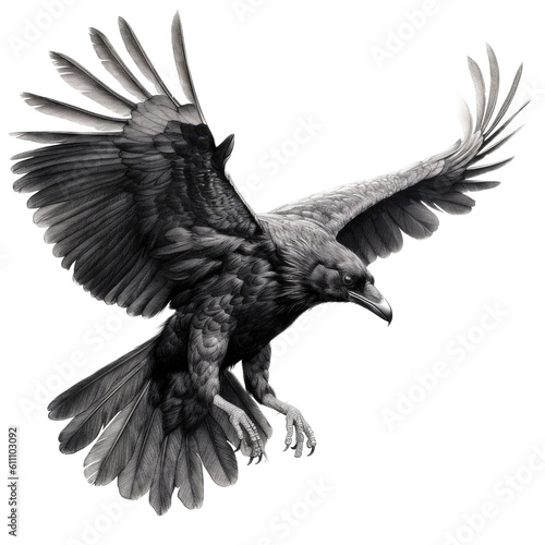 a black raven in flight, Wildlife-themed, cutout, isolated, photorealistic illustrations in a PNG. Generative AI