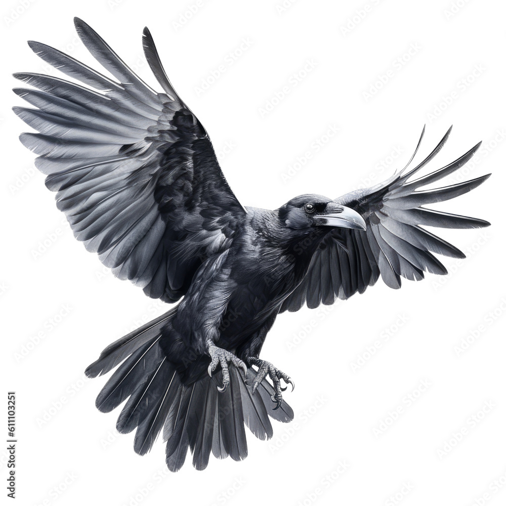 Fototapeta premium a black raven in flight, Wildlife-themed, cutout, isolated, photorealistic illustrations in a PNG. Generative AI