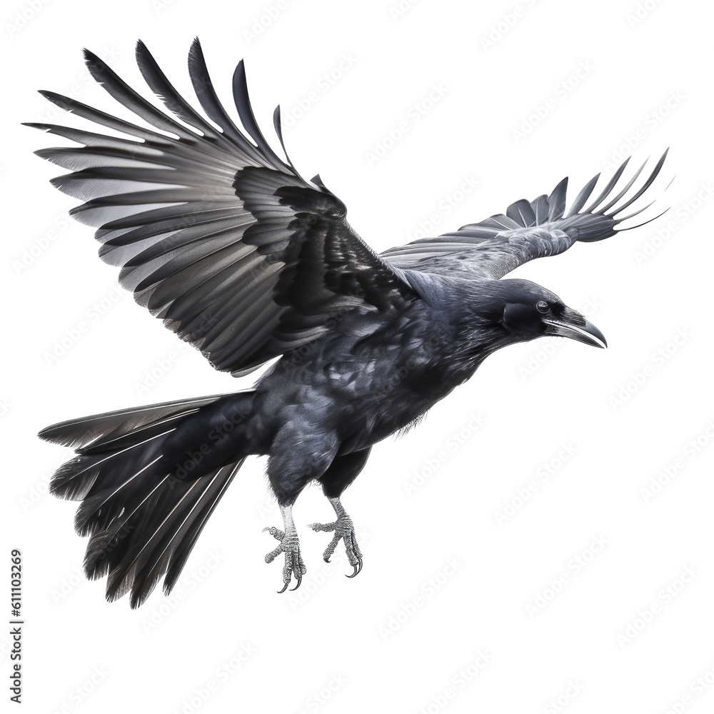 Fototapeta premium a black raven in flight, Wildlife-themed, cutout, isolated, photorealistic illustrations in a PNG. Generative AI