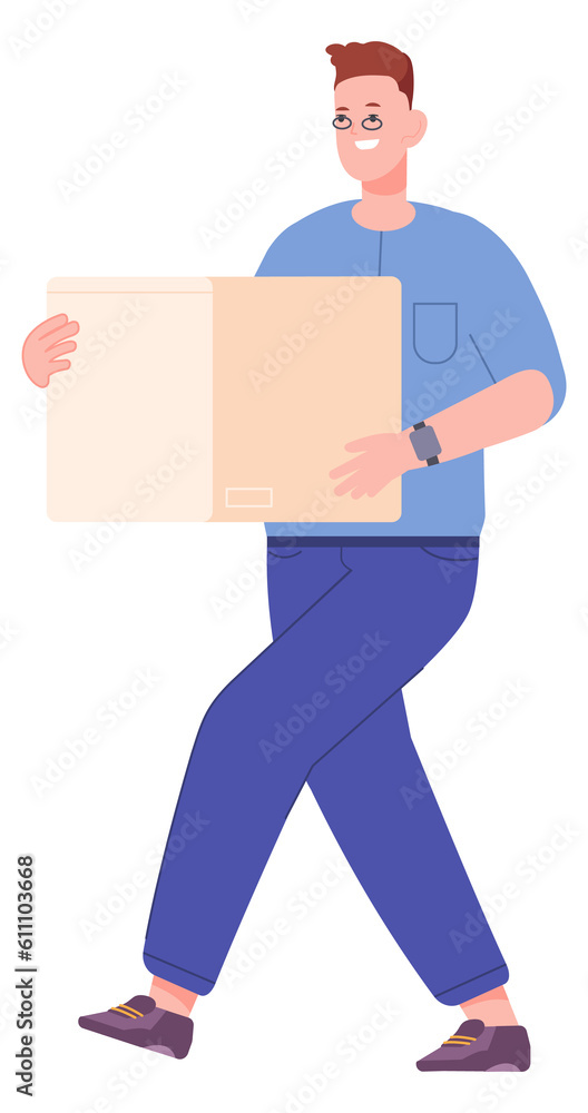 Man carrying cardboard box. Person hold parcel Man carrying cardboard box. Person hold parcel