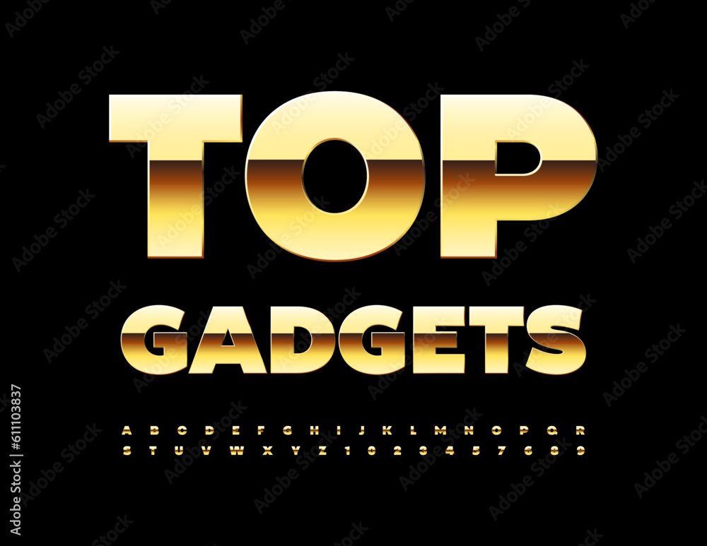 Vector technology advertisement Top Gadgets with Gold Alphabet Letters and Numbers set. Elite glossy Font Vector technology advertisement Top Gadgets with Gold Alphabet Letters and Numbers set. Elite glossy Font