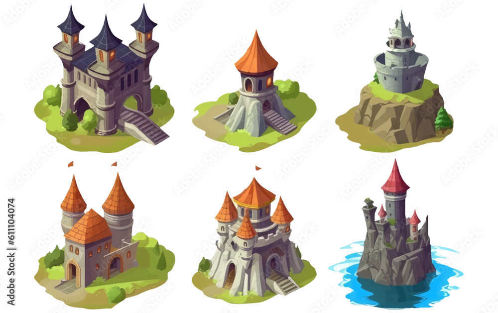 ui set vector illustration of castle on island mountain isolated on white background