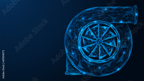 Turbocharger. Polygonal design of interconnected lines and points. Blue background.