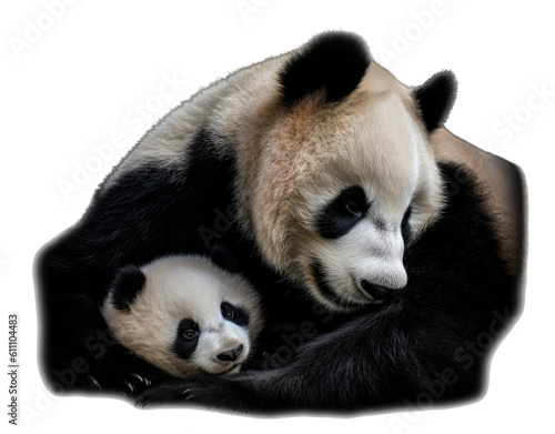 a Giant Panda bear  Momma with baby  snuggling together  Nature-themed  photorealistic illustrations in a PNG  cutout  and isolated. Generative AI