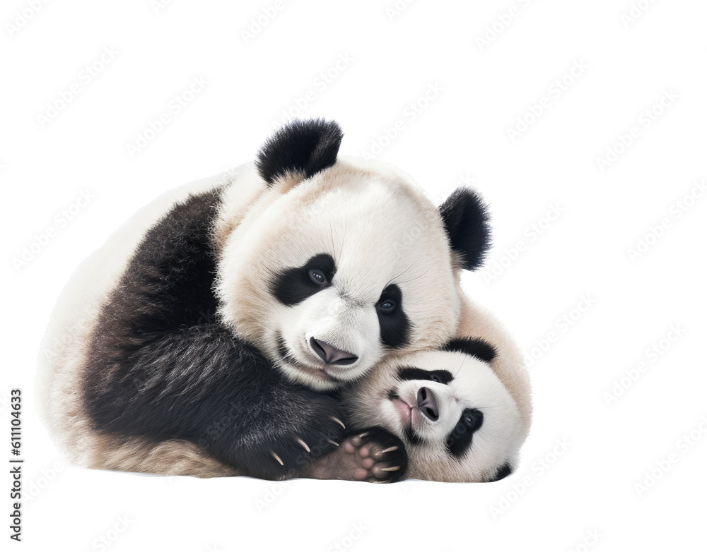a Giant Panda bear, Momma with baby, snuggling together, Nature-themed, photorealistic illustrations in a PNG, cutout, and isolated. Generative AI a Giant Panda bear, Momma with baby, snuggling together, Nature-themed, photorealistic illustrations in a PNG, cutout, and isolated. Generative AI