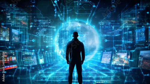 A silhouette of a person standing in front of a giant digital screen with a flow of data showing various cyber threats and vulnerabilities. Futuristic. AI generative..