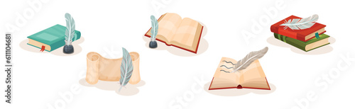 Old Books in Hard Cover with Pages and Scrolls with Quill Vector Set