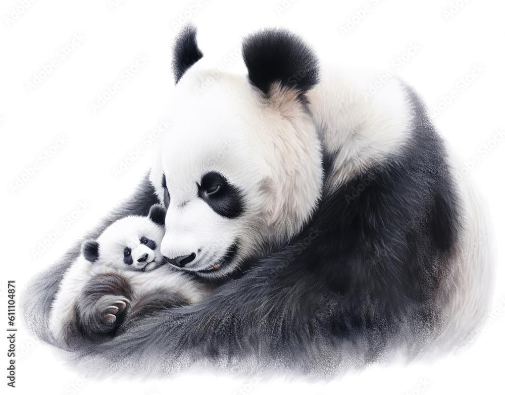 Fototapeta premium a Giant Panda bear, Momma with baby, snuggling together, Nature-themed, photorealistic illustrations in a PNG, cutout, and isolated. Generative AI