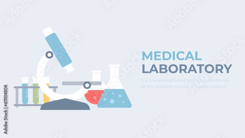 Microscope, flasks in lab. Laboratory analyses. Medical scientific research.