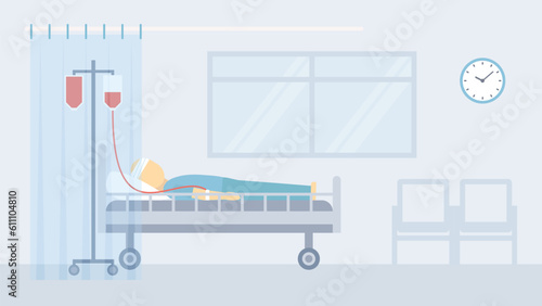 Patient lies in a hospital bed. Therapy clinic vector. Medical rehabilitation and сovid treatment.