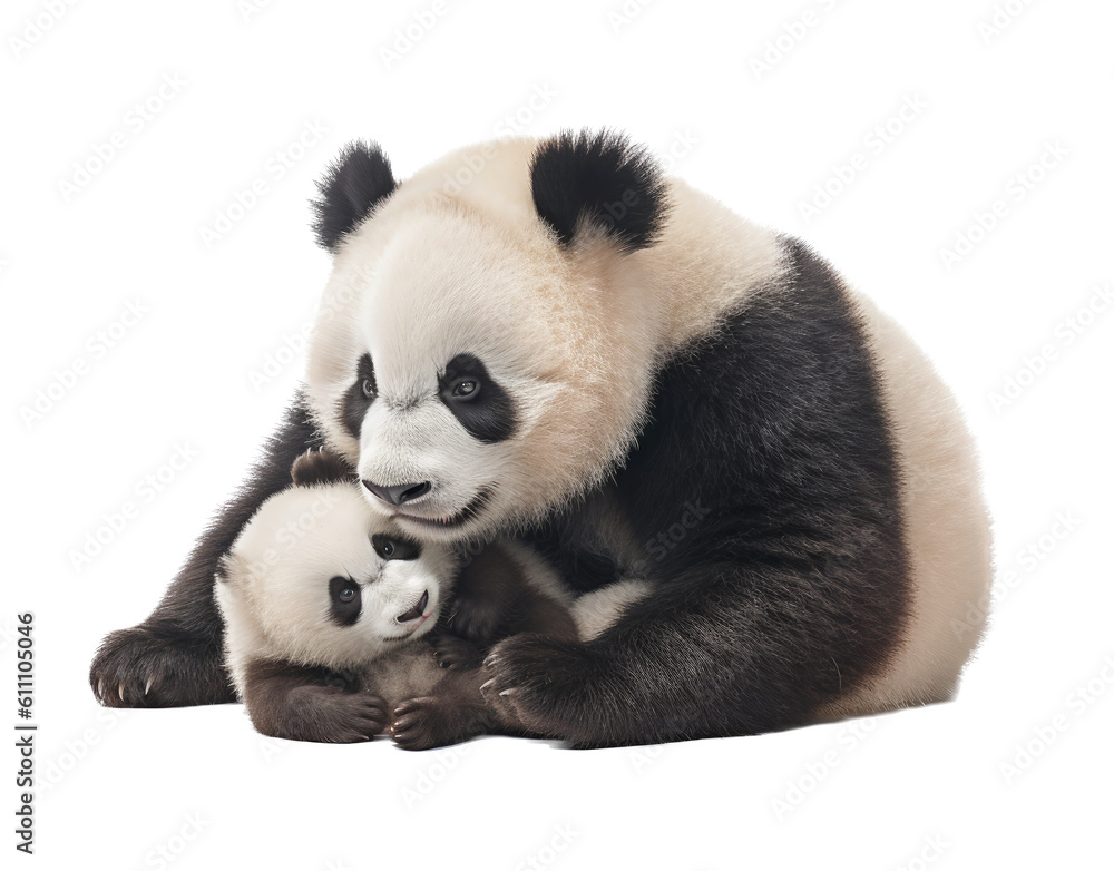 Fototapeta premium a Giant Panda bear, Momma with baby, snuggling together, Nature-themed, photorealistic illustrations in a PNG, cutout, and isolated. Generative AI