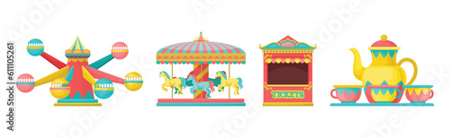 Colorful Amusement Park Funfair Carousels and Attraction Vector Set