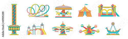 Colorful Amusement Park Funfair Carousels and Attraction Vector Set