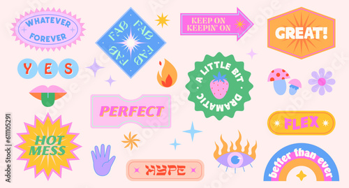 Vector set of cute funny patches and stickers in 90s style.Modern icons or symbols in y2k aesthetic with text.Trendy pop art designs for banners,social media marketing,branding,packaging,covers