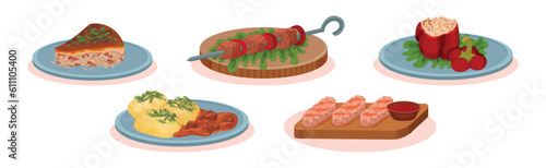 Tasty Dishes and Delicious Meal Served Vector Set