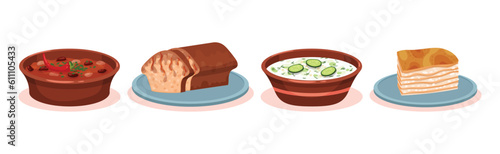 Tasty Dishes and Delicious Meal Served Vector Set