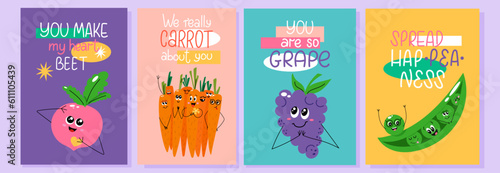 Collection of bright posters with cartoon food characters and funny short phrases.