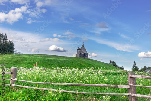 Russian Traditional Wooden Church (Chapel) Of St.Nicholas On The Top Of Hill In The Vershinino Village. Kenozero Lake,Kenozersky National Park. photo