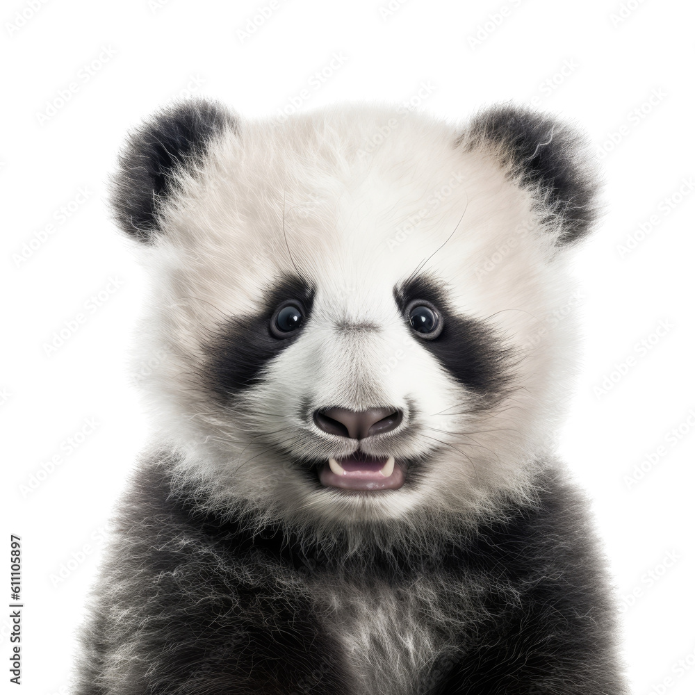 a cute Giant panda bear cub portrait, with happy dispositions, healthy-looking, best friend, Wildlife-themed, cutout, isolated, photorealistic illustrations in a PNG. Generative AI