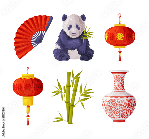 China Object and Traditional Cultural Chinese Symbol Vector Illustration Set