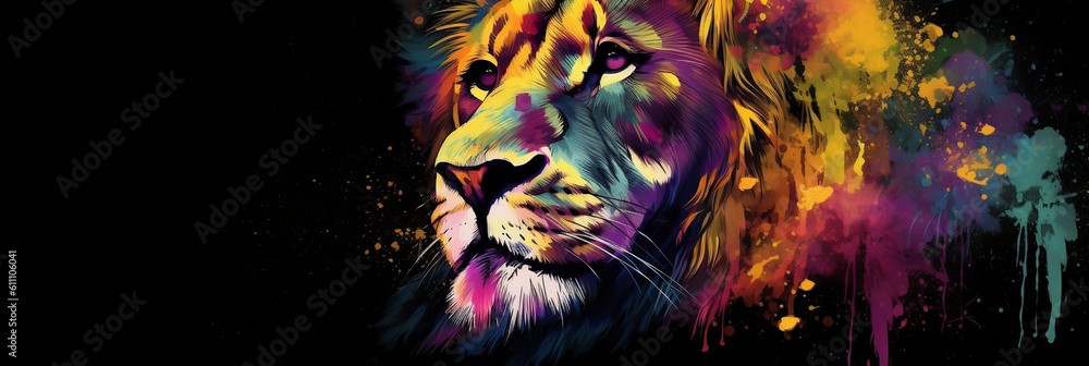 Lion portrait with color paint and feathers on black background, banner, generative AI