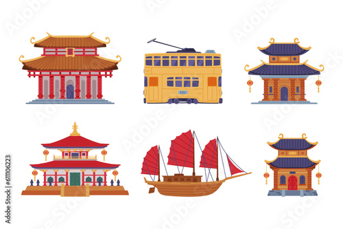 Chinese Building and Transport with Pagoda, Boat and Tram Vector Illustration Set