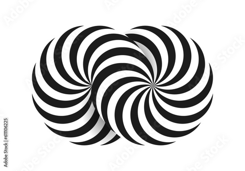 Abstract optical illusion shape. Hypnotic spiral object with black and white lines. Vector illustration.