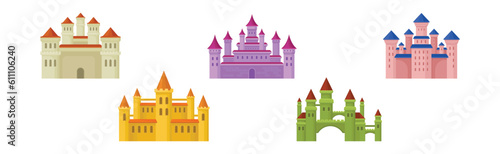 Colorful Medieval Castle with Stone Wall and Tall Towers Vector Set
