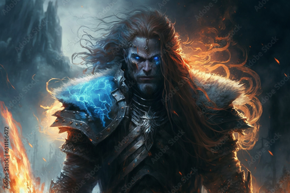 Impressive scary warrior king character with fire. Ai generated Impressive scary warrior king character with fire. Ai generated