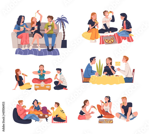 Group of Friend Character Eating Food at Home Vector Illustration Set