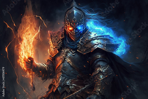 Impressive scary warrior king character with fire. Ai generated © dragomirescu