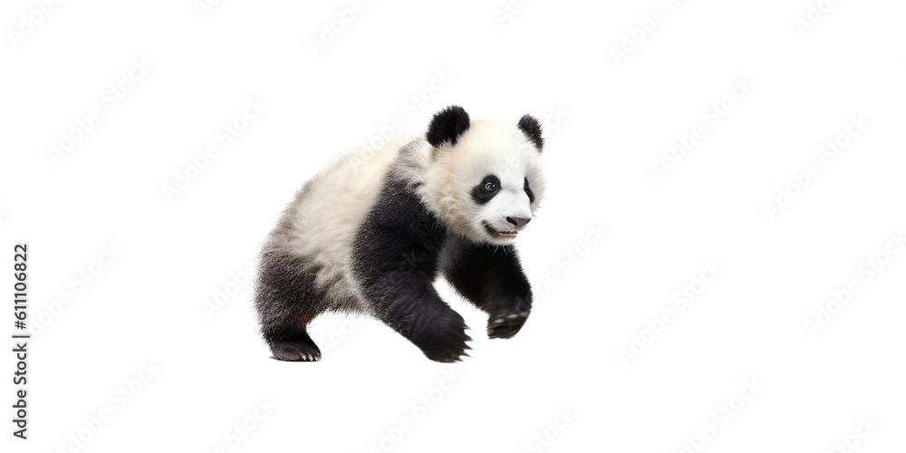 a cute Giant panda bear cub in motion, running, Wildlife-themed, cutout, isolated, photorealistic illustrations in a PNG. Generative AI a cute Giant panda bear cub in motion, running, Wildlife-themed, cutout, isolated, photorealistic illustrations in a PNG. Generative AI