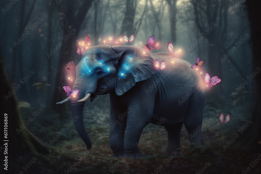 Elephant in the forest with butterflies. Ai generated