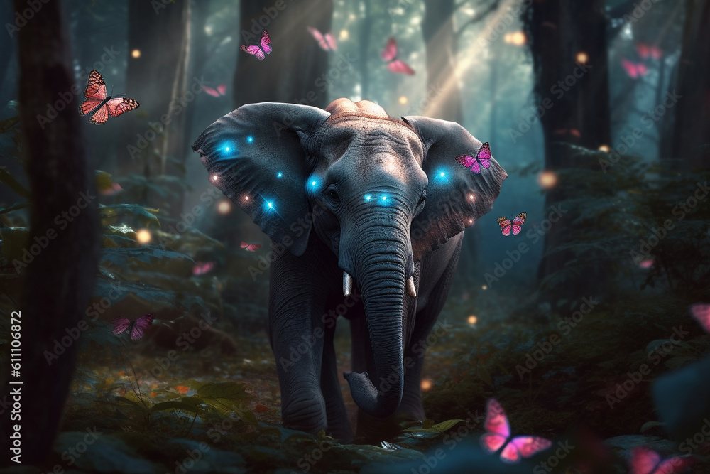 Fototapeta premium Elephant in the forest with butterflies. Ai generated