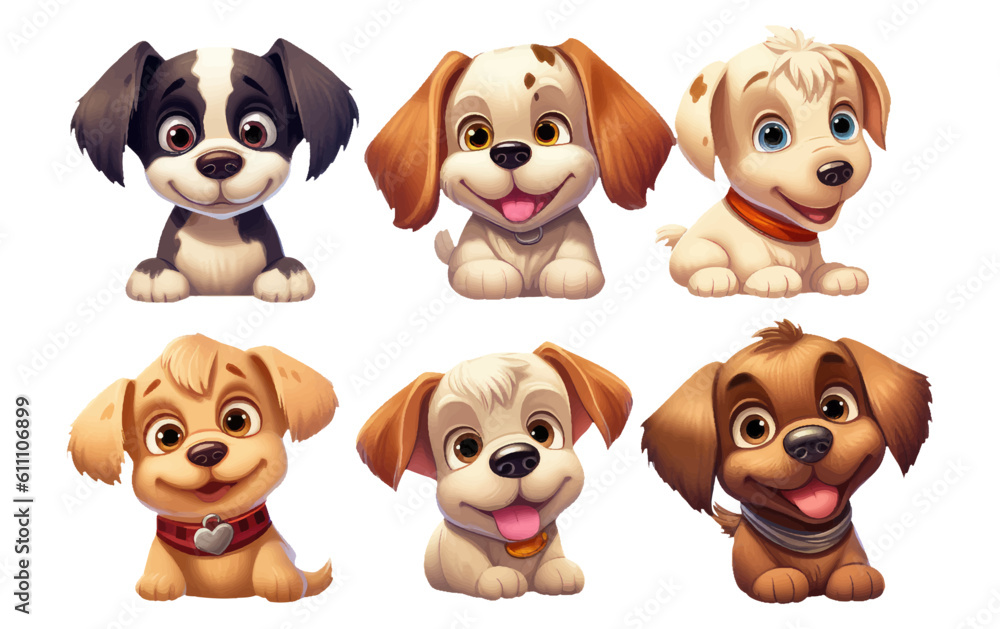ui set vector illustration of cute puppy different breeds of dogs isolated on white background
