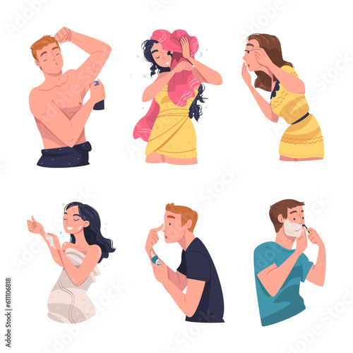 Man and Woman Character In Bathroom Doing Hygiene Procedure Vector Illustration Set