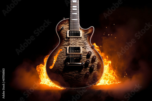 Rock guitar engulfed in fire flames. Ai generated