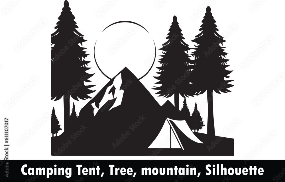 Camping Tent, Tree, Mountain, Silhouette vector, Tree silhouette vector, Mountain silhouette vector, Nature silhouette vector, Camping vector graphics, Camping tent icon vector