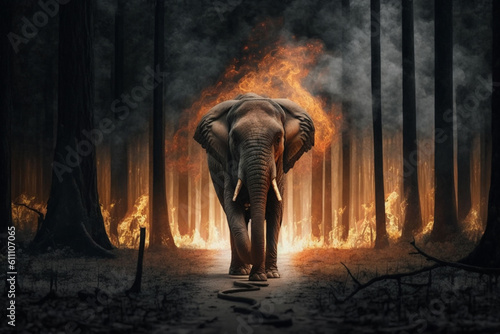 Elephant in the burning forest. Ai generated