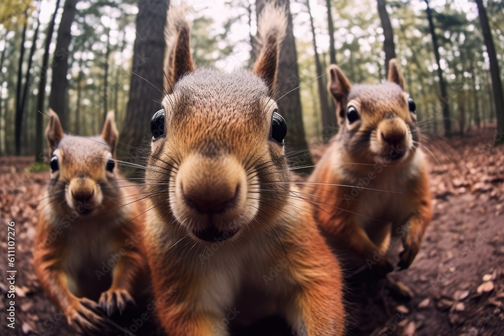 Group of squirrels taking selfie photo. AI generative art