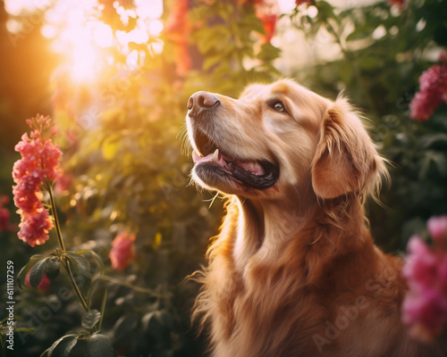 golden retriever puppy sitting in a blooming garden outside in summer - Generative AI