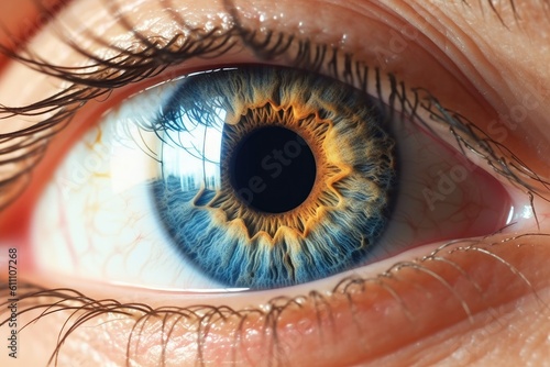 Close up of human eye with blue iris. Created with Generative AI tools
