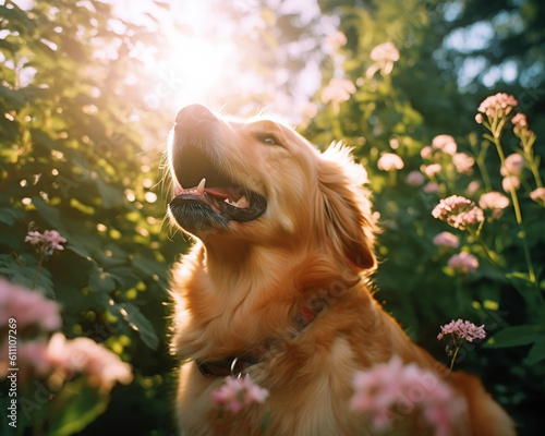 golden retriever puppy sitting in a blooming garden outside in summer - Generative AI